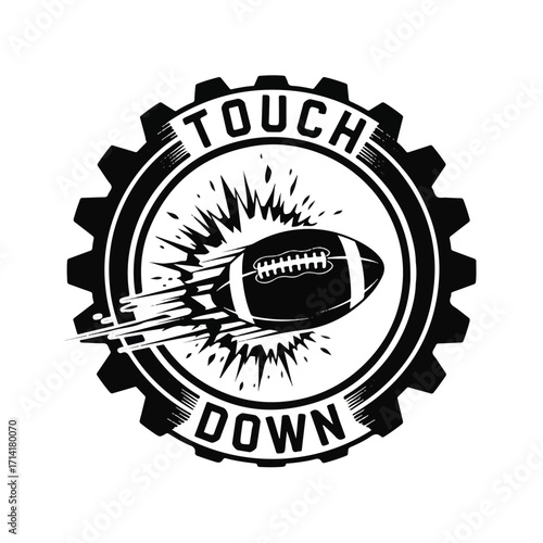 A black and white graphic illustration of a football with motion lines, inside a gear shape, with the words "TOUCH DOWN" above and below.