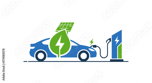 A modern electric vehicle charges at a public station, symbolizing sustainable transportation and renewable energy for an eco-friendly future.