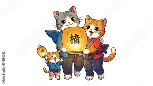 Celebratory Feline Family with Lanterns: A warm and festive illustration depicts a joyful cat family carrying traditional lanterns, celebrating a special occasion with camaraderie and love. 