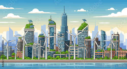 A vibrant pixel art illustration depicts a sustainable urban future, integrating green roofs, wind turbines, and solar panels into modern architecture.