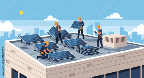 A team of skilled workers diligently installs environmentally friendly solar panels on a city building's rooftop under bright daylight.