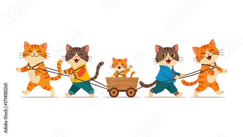 Playful feline friends: A charming illustration of five playful cats, their paws busy as they joyfully pull a wooden cart. It is filled with the pure.