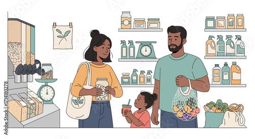 A diverse family embraces sustainable living, thoughtfully shopping at a modern zero-waste bulk food store, refilling reusable containers with natural products.