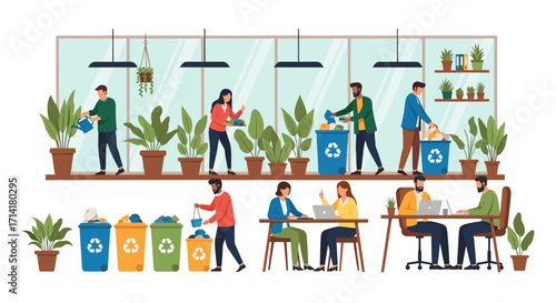 This illustration depicts a modern, eco-friendly office environment where diverse individuals engage in sustainable practices like recycling and plant care.
