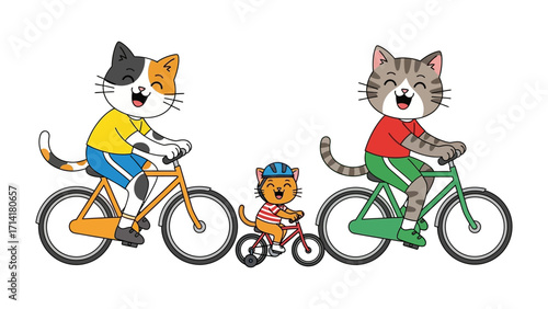 Whimsical Feline Family: A charming illustration of a feline family, cheerfully cycling together on their bicycles, exuding warmth, fun, and familial togetherness, on a sunny day.