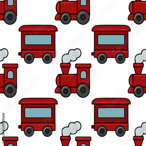 Seamless vector pattern of a charming Christmas red toy train with smoke puffs, perfect for festive backgrounds and children's illustrations.