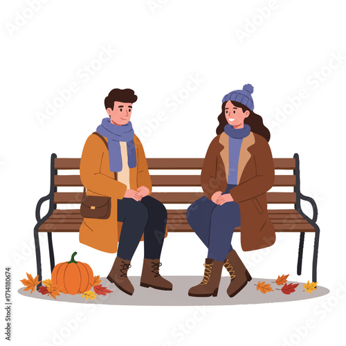 Two friends in trendy autumn coats and boots share a cozy conversation on a park bench, surrounded by scattered leaves and a decorative pumpkin, captured in a vibrant 2D flat vector style.