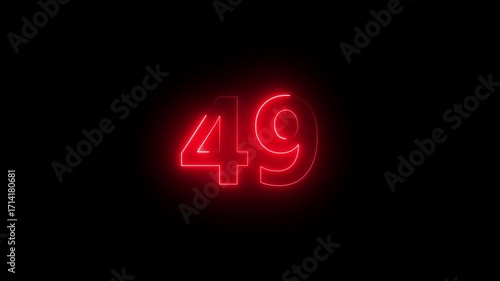49 number neon bright red color animation on black background 4k video.
