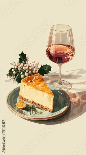 Delicious cheesecake with a glass of rose wine and seasonal decorations on a table