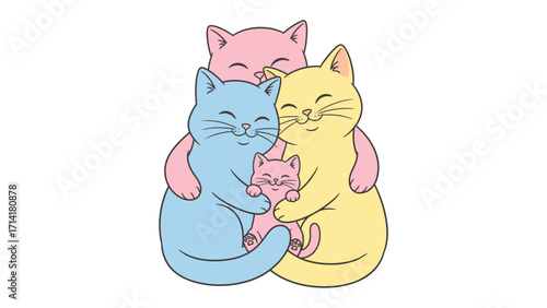 Warm Embrace: A loving illustration portrays a cozy gathering of adorable feline characters embracing, highlighting familial bonds and affection. 