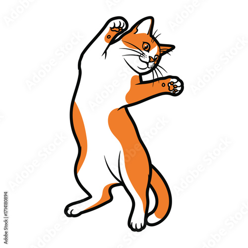 Playful Puss in Action: A spirited ginger and white cat poised mid-dance, a perfect embodiment of feline grace and cheerful mischief in a lively illustration.