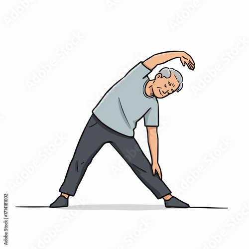 Elderly man stretching while exercising indoors in casual attire  
