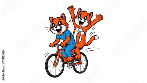 Cats Cycling Through Fun: Two cheerful, animated cats joyfully share a bicycle ride, embodying a lively illustration of friendship, recreation, and lighthearted enjoyment.