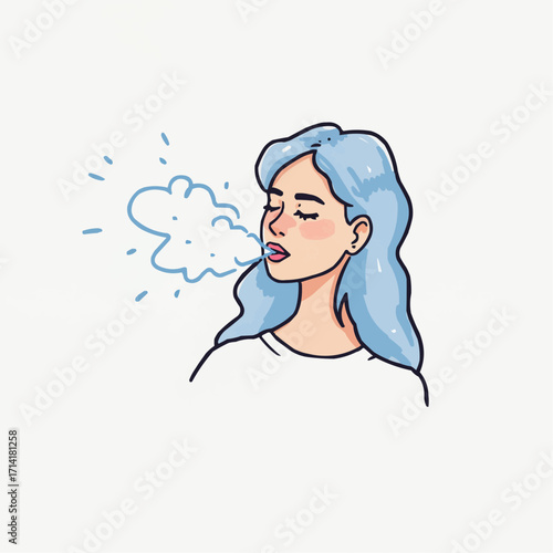 Young woman exhaling visible breath in winter with blue hair  