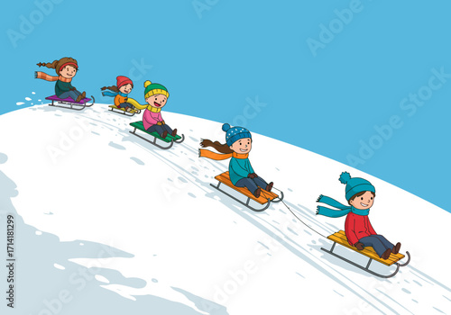 Cartoon Children Sledding Down a Snowy Hill in Winter.