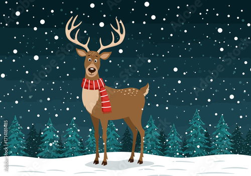 Cartoon Reindeer with Scarf in Snowy Winter Forest Scene.