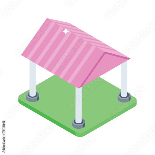 Sleek isometric style icon of metal roof shed