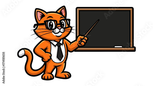 Clever Cat Teacher: A charming illustration of a smart cartoon cat, wearing spectacles, a tie and holding a pointer, stands confidently beside a blank blackboard, embodying wisdom, education.