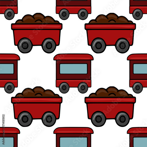 Seamless vector pattern of red toy train cars carrying brown coal, alternating with empty passenger cars, creating a playful and charming Christmas-themed design.