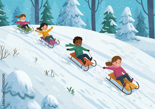 Children Sledding Down a Snowy Hill in Winter Landscape Illustration.