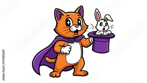Magician cat and rabbit: A captivating illustration of a playful cat, dressed in a cape, presenting a magically conjured rabbit from a top hat, with a whimsical style.