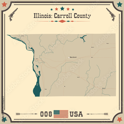 Large and accurate map of Carroll County, Illinois, USA with vintage colors.