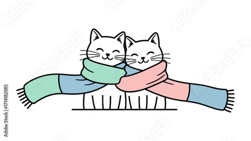 Cozy Cat Companionship: A heartwarming illustration depicts two adorable cats, intertwined in a playful embrace with a shared scarf, symbolizing friendship and the warmth of togetherness.
