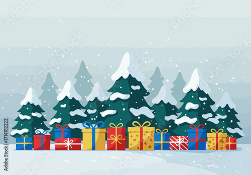 Colorful Christmas Presents in Snowy Winter Forest Scene Illustration.