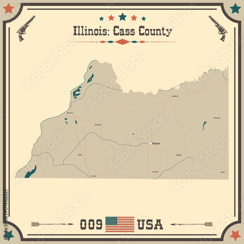 Large and accurate map of Cass County, Illinois, USA with vintage colors.