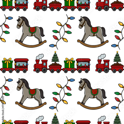 Seamless vector Christmas pattern featuring a charming toy train, rocking horse, and festive lights, creating a joyful and nostalgic holiday design.