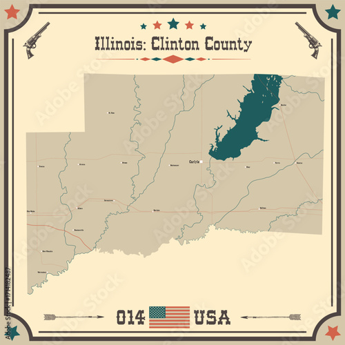Large and accurate map of Clinton County, Illinois, USA with vintage colors.
