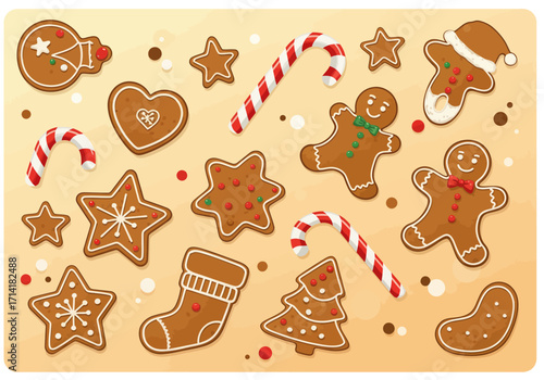 Festive Assortment of Decorated Christmas Gingerbread Cookies and Candy Canes.