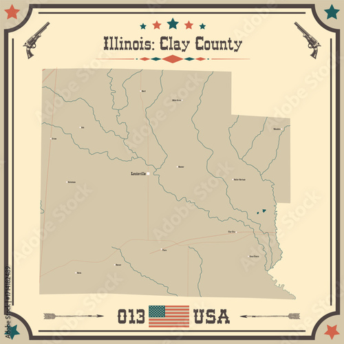 Large and accurate map of Clay County, Illinois, USA with vintage colors.