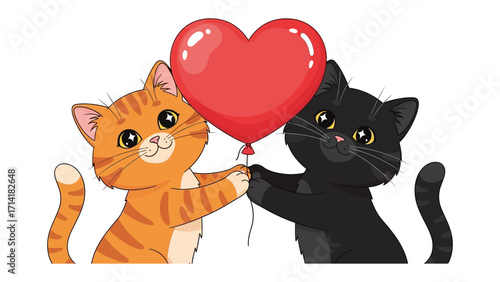 Cuddling Kittens with Heart Balloon: A duo of adorable kittens, a ginger and a black, hold a red heart-shaped balloon, celebrating the day of love, embodying pure affection and companionship.