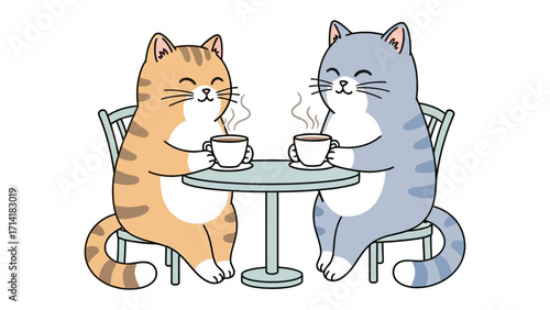 Whimsical Cafe Cats: Two charming cartoon cats share a steaming coffee experience, creating a heartwarming scene that captures the essence of friendship, enjoyment, and companionship.