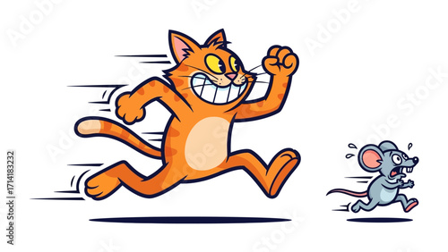 Chase of cat and mouse: A cartoon illustration captures the playful chase between a bold orange cat and a scurrying little mouse, illustrating a classic tale of predator and prey. 