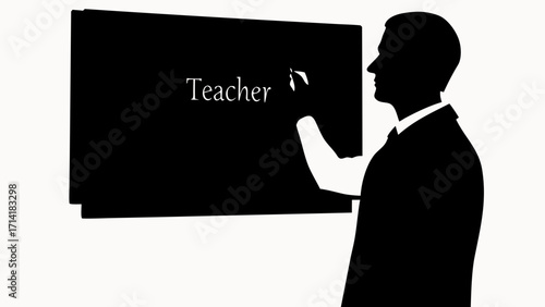 Silhouette of a teacher writing on a blackboard with the word teacher displayed on the board itself
