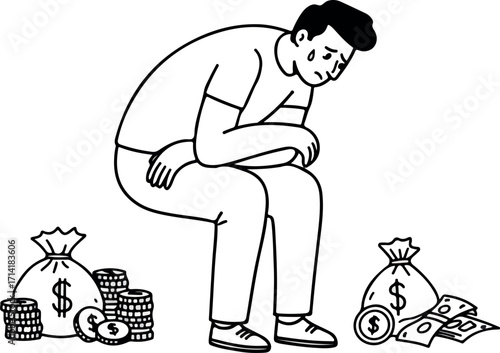 Illustration Of A Depressed Man With Two Money Bag Piles and Dollar Signs