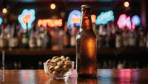 Beer bottle and glass bowl of pistachios on wooden bar table with light shining through glass, neon lights in background