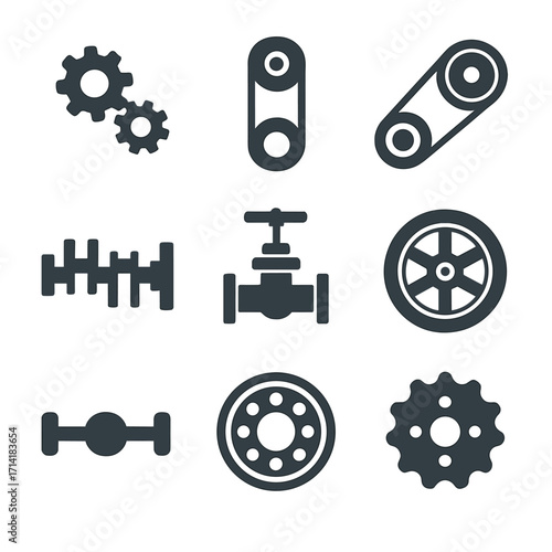 Industrial machinery icons set on a metallic gradient background