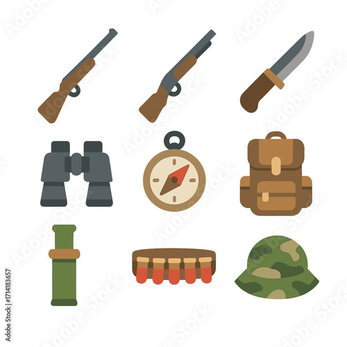 Camping and hunting gear icons with blurred background for outdoor adventure design