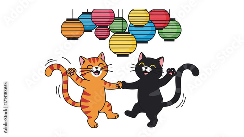 Dancing Cat Festival: A pair of playful cats, one a cheerful orange tabby and the other a sleek black feline, dance merrily under a canopy of vibrant paper lanterns, set against a clean.