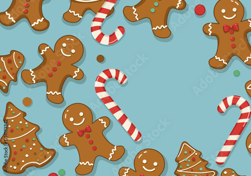 Festive Gingerbread Cookies and Candy Canes on Blue Background.