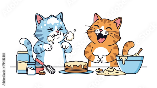 Sweet Delight, Sour Surprise: Two animated cats find humor and baking fun, with one seemingly caught off guard by the tasty ingredients they explore.