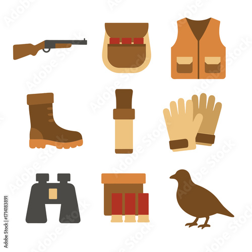 Hunting gear icons with retro glow style on warm gradient background
