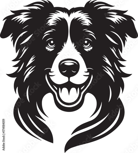 Border Collie Dog Vector Illustration, Black and White Silhouette, Pet Animal Design