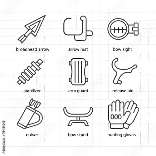 Archery gear linear icons: essential equipment for bow enthusiasts