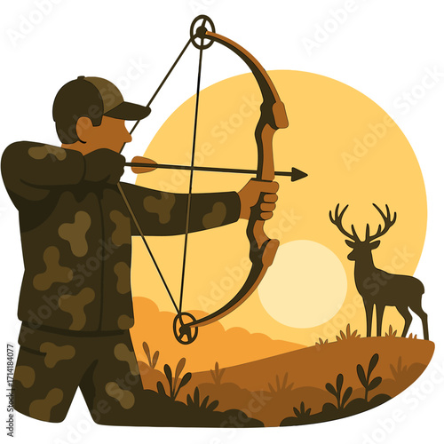 Silhouette archer in camouflage aiming at deer during golden hour