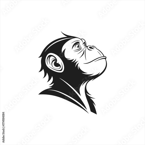 Stylized black and white illustration of a chimpanzee looking upwards