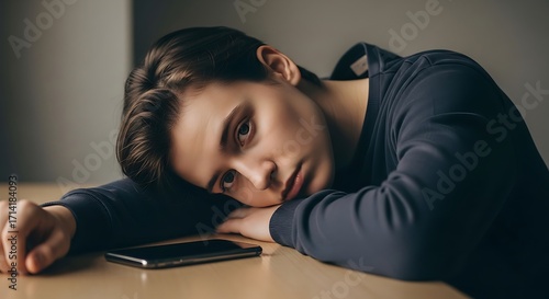 A sad, tired young person with short hair rests their head on a table, looking melancholically at the camera next to a smartphone.